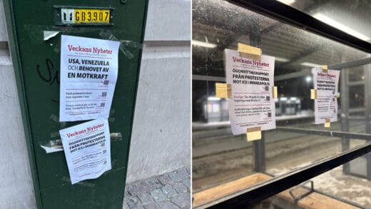 Löpsedlar från Veckans Nyheter uppsatta på skåp och busskurar