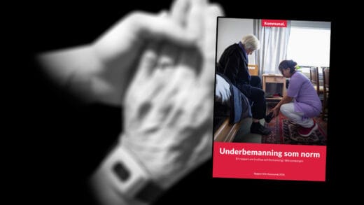 I bakgrunden två händer som håller i varandra, i förgrunden Kommunals rapport