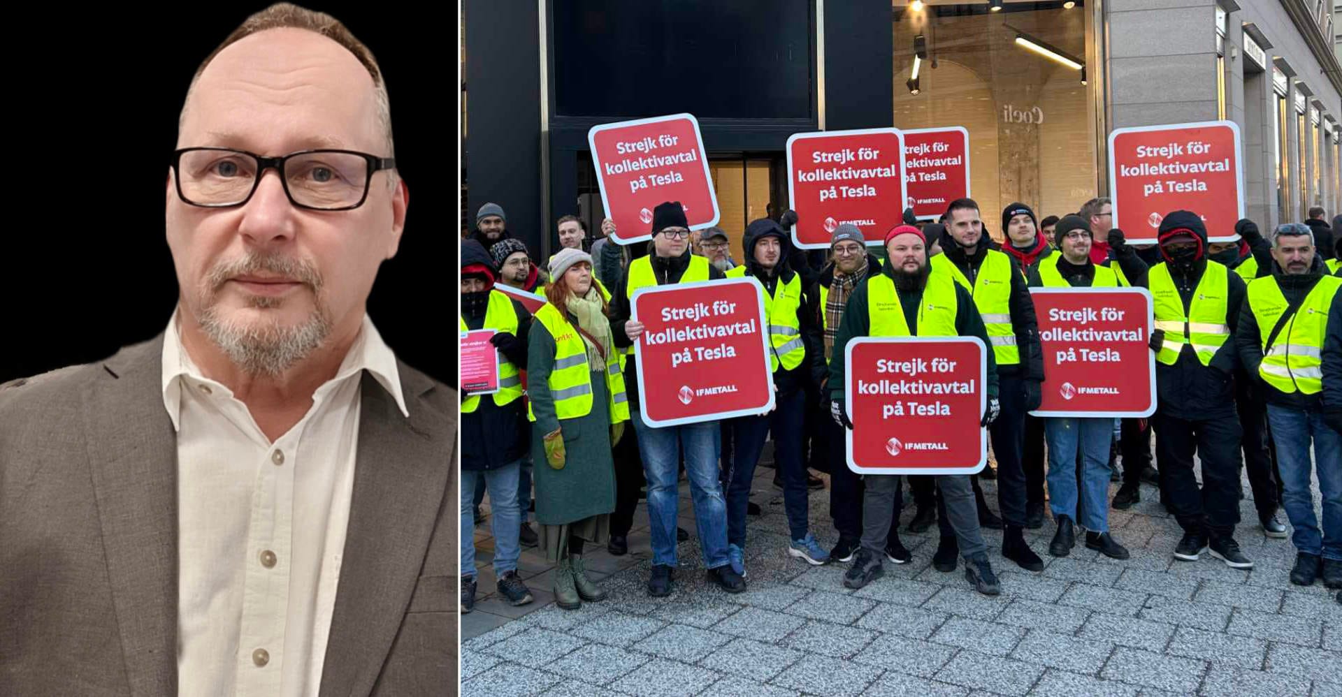Montage med artikelförfattaren och demonstranter till stöd för de strejkande på Tesla