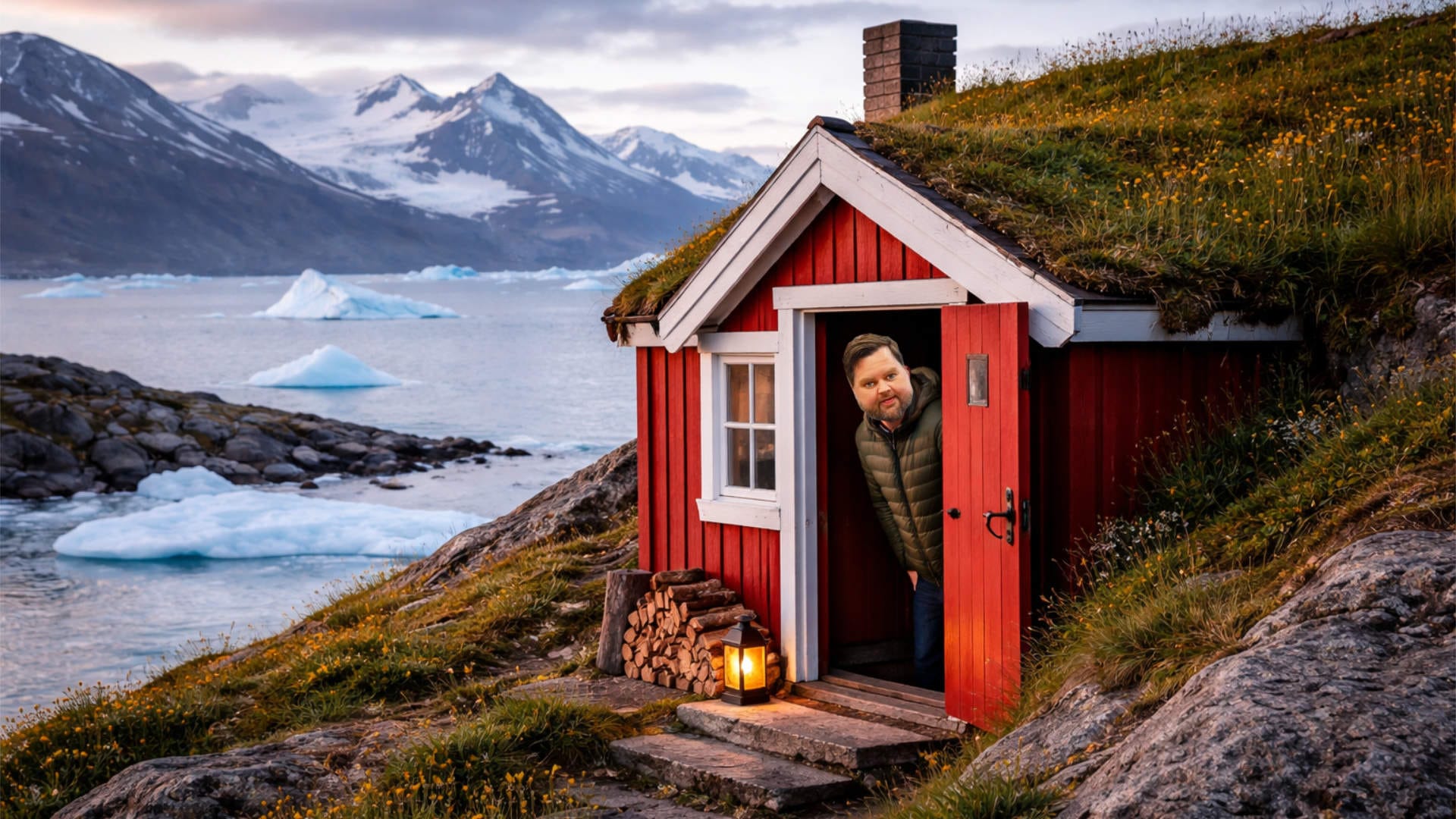 JD Vance i en röd stuga vid en grönländsk fjord
